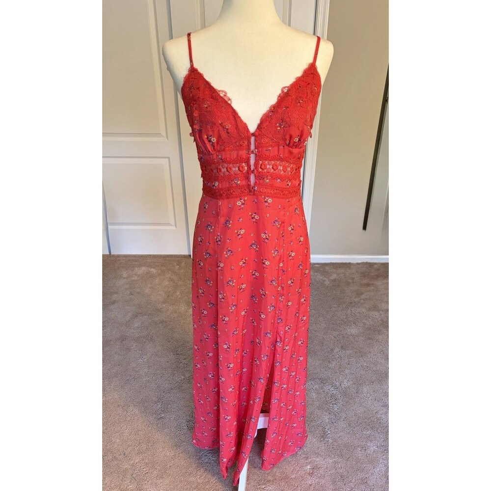 Free People Out And About Maxi Slip Dress Nightgown Red Medium Slit Cottagecore
